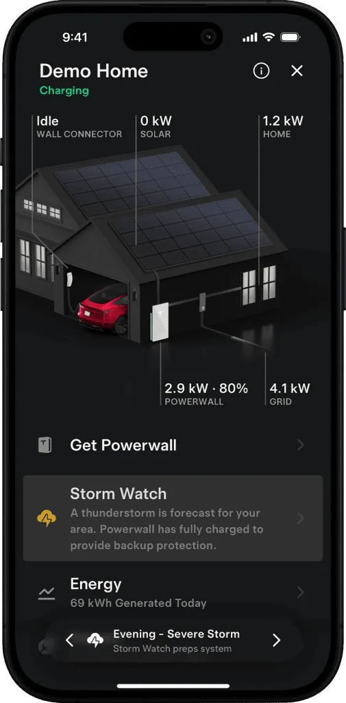 App de Tesla monitoreando batería solar JUAPI Energy en Puerto Rico